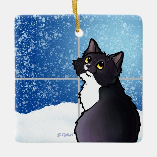 Tuxedo Cat Window Keramik Ornament (Vorderseite)