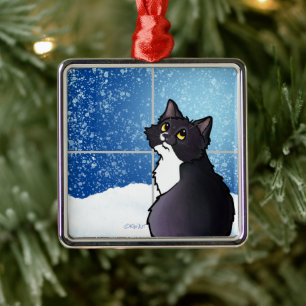 Tuxedo Cat Window Keramik Ornament