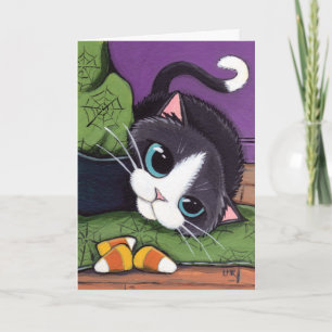 Tuxedo Cat Witches Hat & Candy Corn Halloween Card Karte