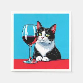 Tuxedo Cat With Glass of Red Wine Serviette