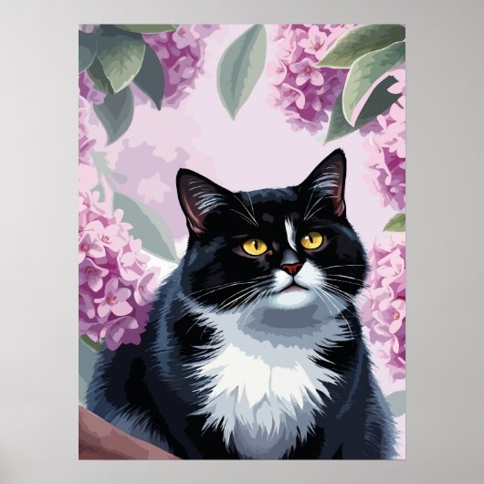 Tuxedo cat with lilac flowers, cute floral cat poster (Vorne)