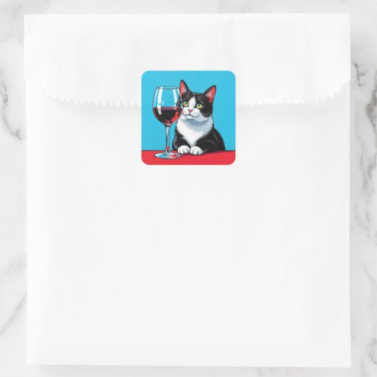 Tuxedo Cat With Red Wine Quadratischer Aufkleber (Tasche)