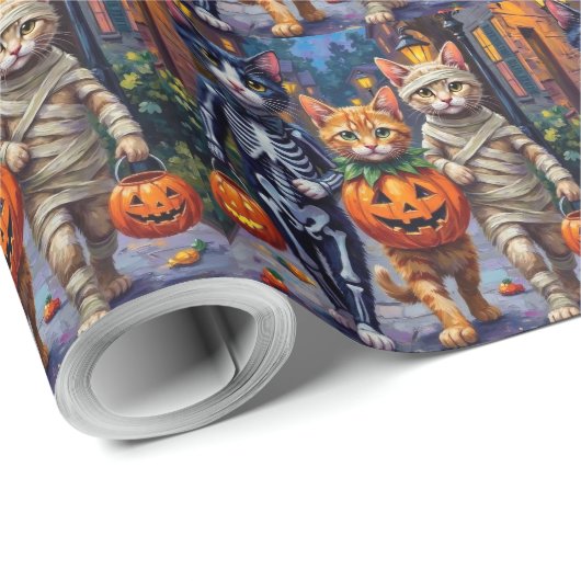 Tuxedo Cats Trick-or-Treating in Halloween-Kostüm Geschenkpapier (Rolleneckpunkt)
