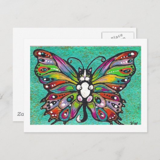 Tuxedo Catterfly Cat/Butterfly Whimsical Fantasy! Postkarte (Vorne/Hinten)