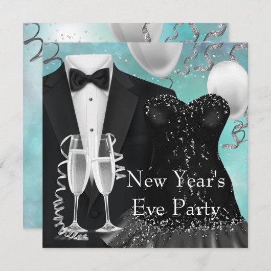 Tuxedo Champagne Confetti Silvester Party Einladung (Vorne/Hinten)