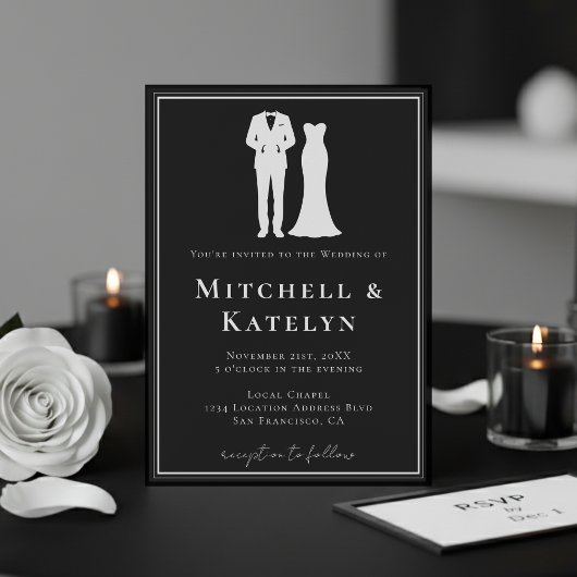 Tuxedo & Dress Minimal Border Black Wedding Einladung