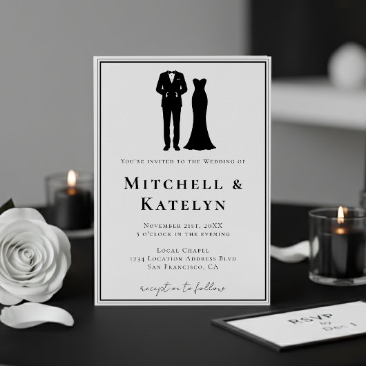 Tuxedo & Dress Minimal Border White Wedding Einladung