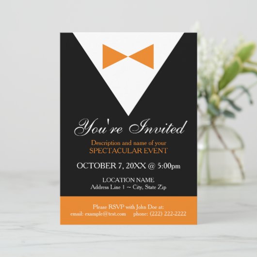 Tuxedo Einladung | Formelles Party Schwarz und Ora (Stehend Vorderseite)