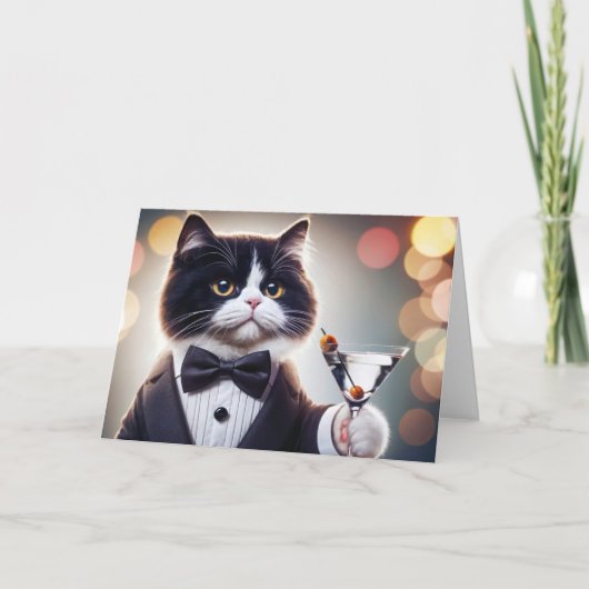 Tuxedo Geburtstagskatze mit Martini-Cocktail Karte (Vorderseite)