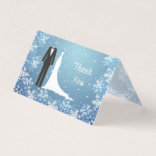 Tuxedo, Gown, Schneeflocken auf blau Danke (Vorderseite)