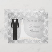 Tuxedo, Gown, Schneeflocken Save the Date Postkart Ankündigungspostkarte (Vorne/Hinten)