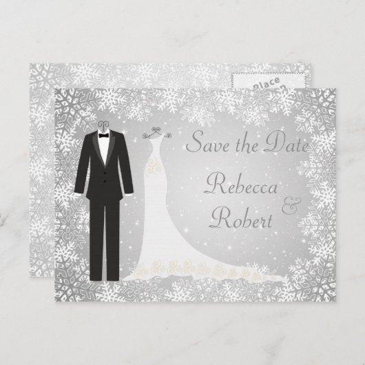 Tuxedo, Gown, Schneeflocken Save the Date Postkart Ankündigungspostkarte (Vorne/Hinten)