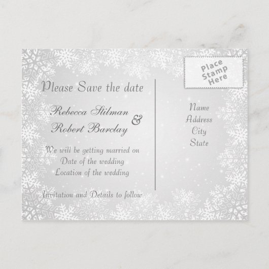 Tuxedo, Gown, Schneeflocken Save the Date Postkart Ankündigungspostkarte (Rückseite)