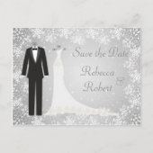 Tuxedo, Gown, Schneeflocken Save the Date Postkart Ankündigungspostkarte (Vorderseite)