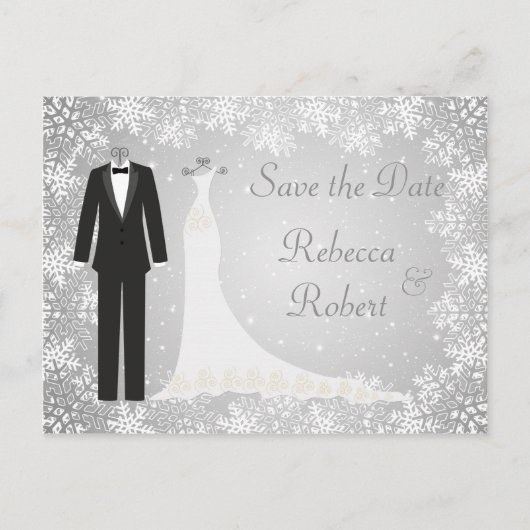Tuxedo, Gown, Schneeflocken Save the Date Postkart Ankündigungspostkarte (Vorderseite)