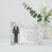 Tuxedo, Gown, Schneeflocken Save the Date Postkart Ankündigungspostkarte (Stehend Vorderseite)