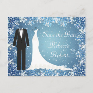 Tuxedo, Gown, Schneeflocken Save the Date Postkart Ankündigungspostkarte
