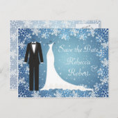 Tuxedo, Gown, Schneeflocken Save the Date Postkart Ankündigungspostkarte (Vorne/Hinten)