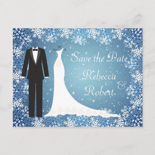 Tuxedo, Gown, Schneeflocken Save the Date Postkart Ankündigungspostkarte (Vorderseite)