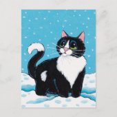 Tuxedo Kat Stehend Knie Tief im Schneeback Postkarte (Vorderseite)
