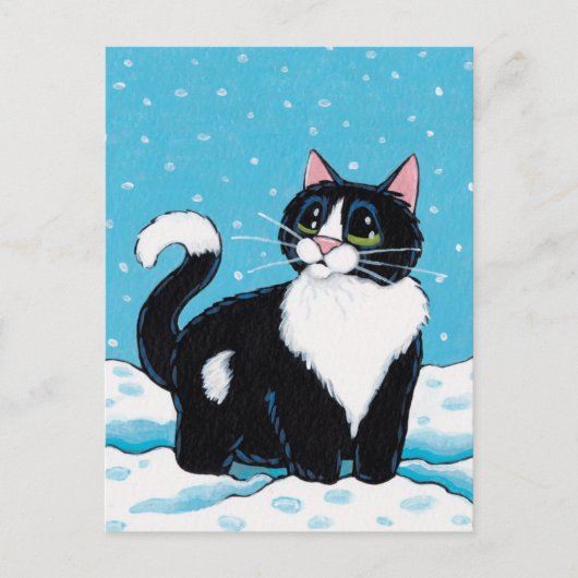 Tuxedo Kat Stehend Knie Tief im Schneeback Postkarte (Vorderseite)