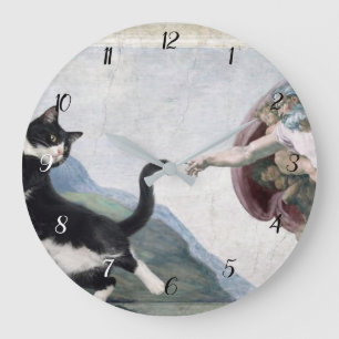 Tuxedo-Katze berührt die göttliche Pfote           Große Wanduhr