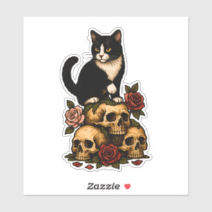 Tuxedo-Katze der Krypta – Rosen und Totenschädel Aufkleber