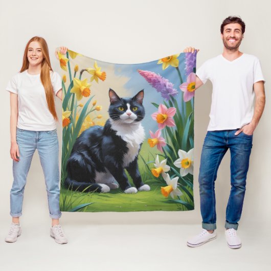 Tuxedo Katze Frühlingsblumen Malerei Fleecedecke (Beispiel)