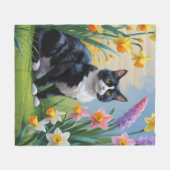 Tuxedo Katze Frühlingsblumen Malerei Fleecedecke (Vorderseite (Horizontal))