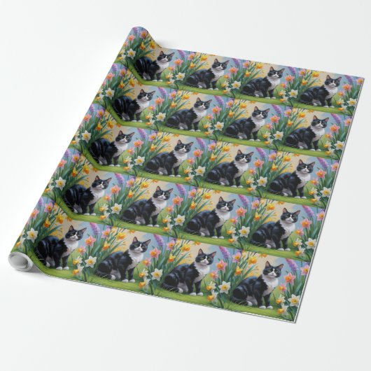 Tuxedo Katze Frühlingsblumen Malerei Geschenkpapier (Ungerollt)