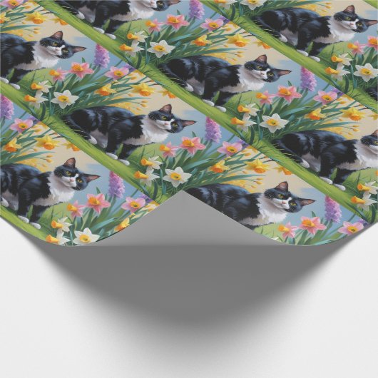 Tuxedo Katze Frühlingsblumen Malerei Geschenkpapier (Ecke)