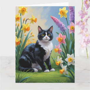 Tuxedo-Katze Frühlingsblumen Malerei  Karte