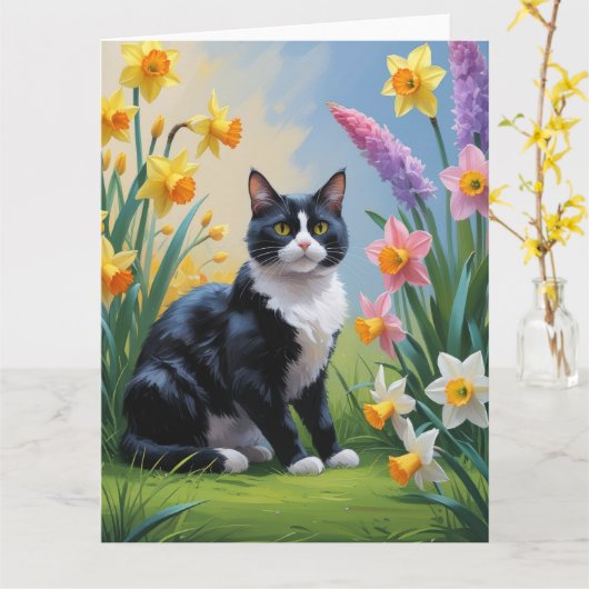 Tuxedo Katze Frühlingsblumen Malerei Karte (Gelbe Blume)