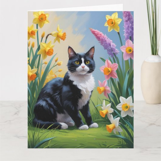 Tuxedo Katze Frühlingsblumen Malerei Karte (Vorderseite)