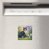 Tuxedo Katze Frühlingsblumen Malerei Magnet (In Situ (Geschirrspüler))