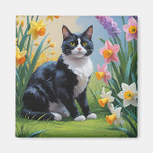 Tuxedo Katze Frühlingsblumen Malerei Magnet (Vorne)