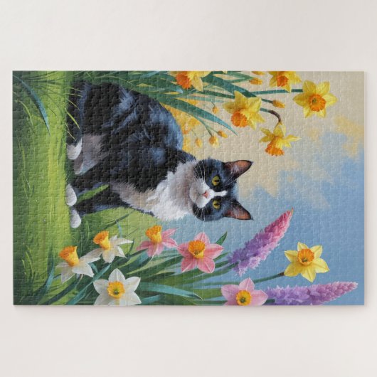 Tuxedo Katze Frühlingsblumen Malerei Puzzle (Horizontal)