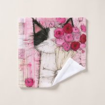 Tuxedo-Katze hält ein rosa Rosenbouquet