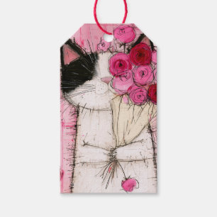 Tuxedo-Katze hält rosa Rosenbouquet Geschenkanhänger