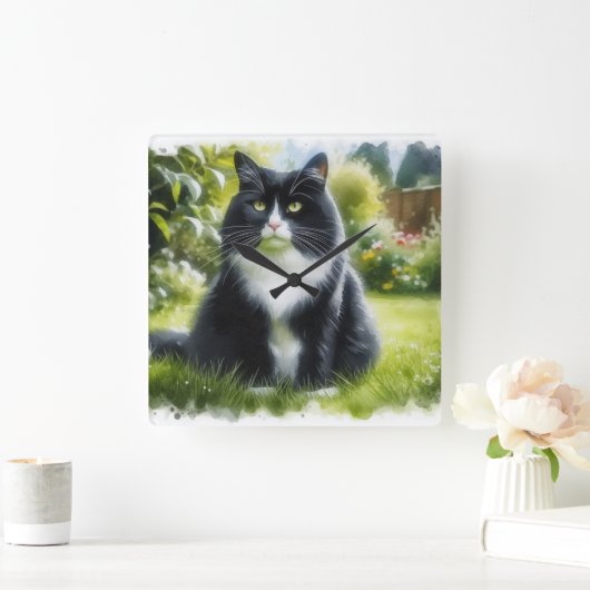 Tuxedo Katze im Garten Lugano Unexpected Classic T Quadratische Wanduhr (Zuhause)