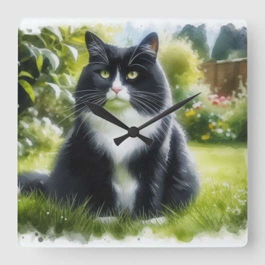 Tuxedo Katze im Garten Lugano Unexpected Classic T Quadratische Wanduhr (Vorderseite)