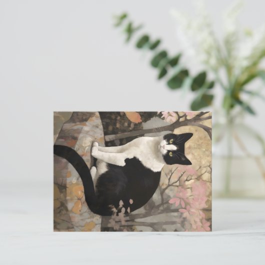Tuxedo Katze im Garten Postkarte (Stehend Vorderseite)