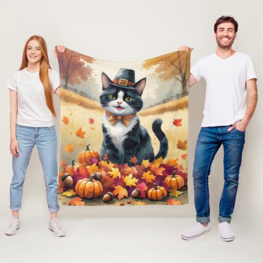 Tuxedo Katze im Herbst hinterlässt Erntedank Art Fleecedecke (Beispiel)