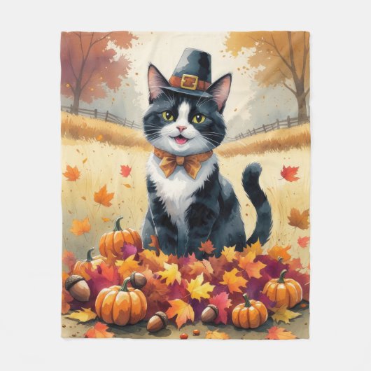 Tuxedo Katze im Herbst hinterlässt Erntedank Art Fleecedecke (Vorderseite)