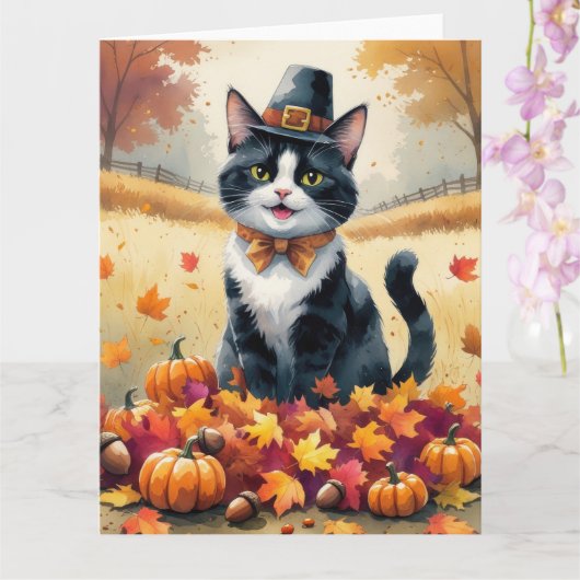 Tuxedo Katze im Herbst hinterlässt Erntedank Art Karte (Orchidee)