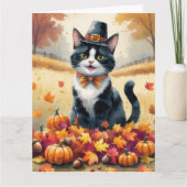 Tuxedo Katze im Herbst hinterlässt Erntedank Art Karte (Vorderseite)