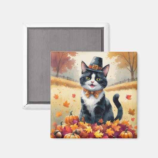 Tuxedo Katze im Herbst hinterlässt Erntedank Art Magnet (Vorderseite/Rückseite)