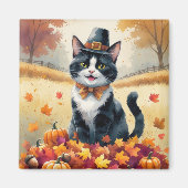 Tuxedo Katze im Herbst hinterlässt Erntedank Art Magnet (Vorne)