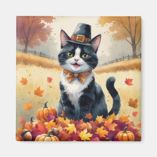 Tuxedo Katze im Herbst hinterlässt Erntedank Art Magnet (Vorne)