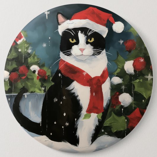 Tuxedo Katze im Schnee Weihnachten Button (Vorderseite)